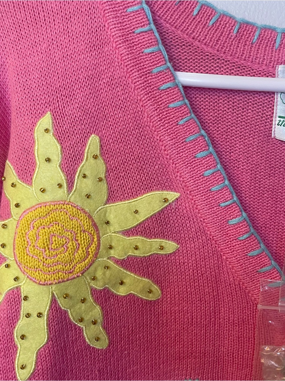 The Quacker Factory Novelty Embroidered Beach Pink Button Up Sweater NWT - Picture 7 of 9